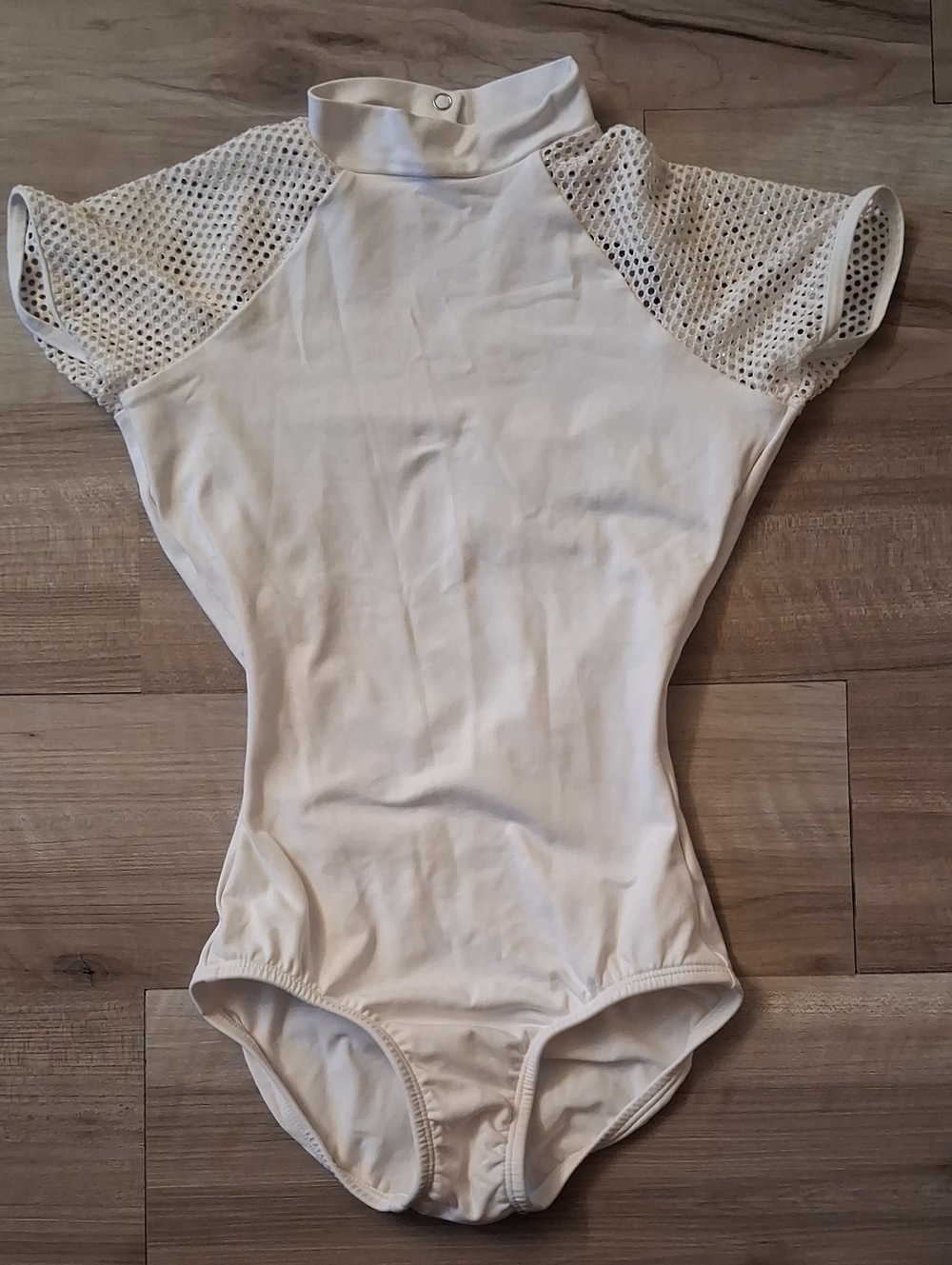 White Adult Small Leotard with Mesh Glittery Sleeves Body Wrappers (L)